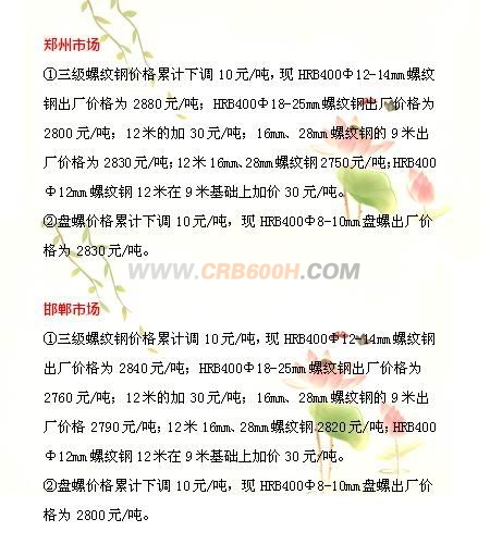 山西黎城太行钢厂建筑钢材价格调价汇总
