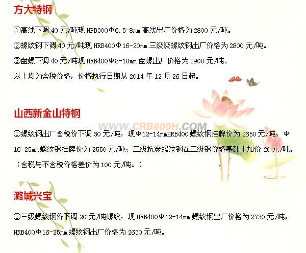 12月26日建筑钢材钢厂调价汇总